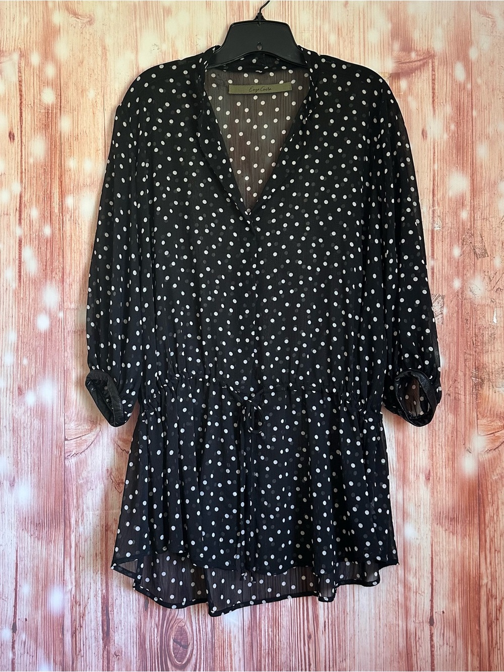 Enza Costa Black Sheer White Polka Dot V Neck Tunic Blouse Size S